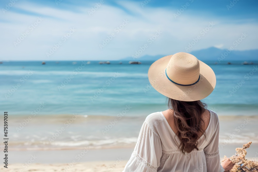 back view woman wearing a hat looking at the calm sea and sandy beach