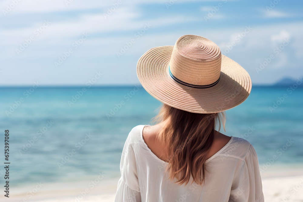back view woman wearing a hat looking at the calm sea and sandy beach