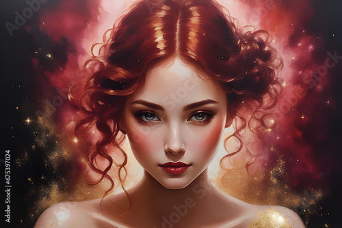 golden glitter magic galaxy watercolor portrait of woman with red hair at night glitter background created by AI