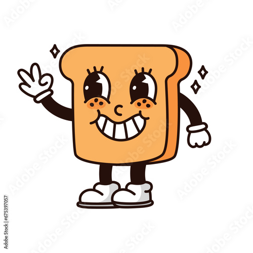 Cute groovy bread character smiling on white background