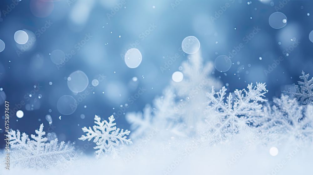 Beautiful decorative snowflakes in the snow against a blue natural background with falling snow and bokeh. Christmas winter background for design - Generative AI 