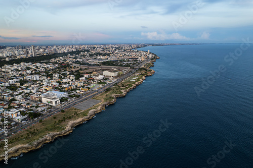 Beautiful aerial view of the city of Santo Domingo - Dominican Republic with is Parks, buildings, suburbs ,turquoise Caribbean ocean, parks and malecon