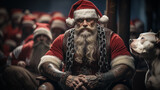 Bärtiger Bodybuilder Santa Claus mit Pitbull