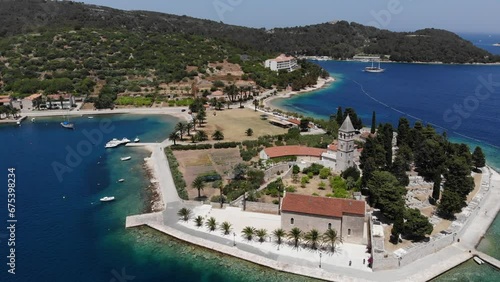 Vis island in Croatia. Harbor and town aerial view in Vis, Croatia. Prirovo peninsula.