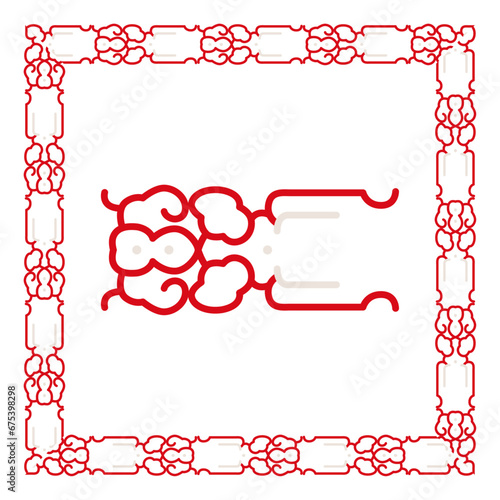 Red white abstract design square frame. Stylized lion center geometric modern art graphic pattern decorative background. Creative shapes texture lines.