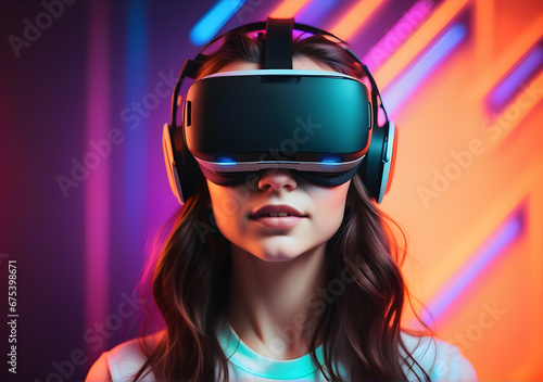 Close-up portrait of a young woman in a virtual reality headset. AI Generative © DAR