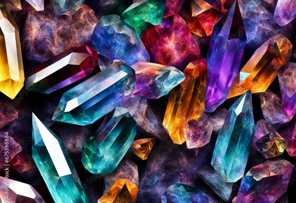 Illustration of crystals shining multicolored sharp edeges. Generative AI