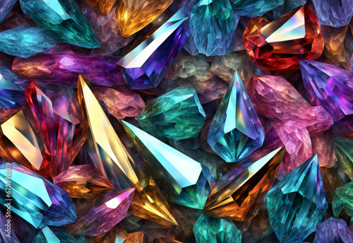 Illustration of crystals shining multicolored sharp edeges. Generative AI
