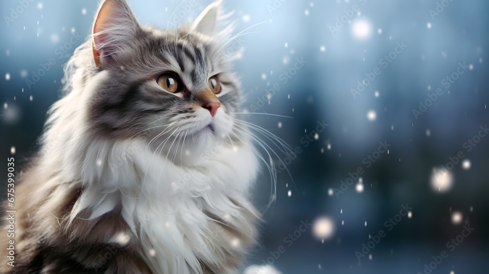 Cute cat in snow falling sky scene. Winter Forest Landscape. Christmas Holidays. Cute cat in snow falling sky scene. Winter Forest Landscape. Christmas Holidays.