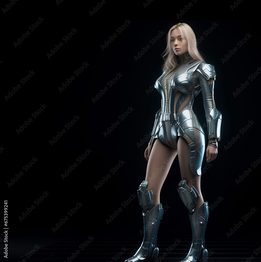 Young beautiful woman in futuristic costume isolated on black background with copy space. Fashion of future concept. Young beautiful woman in futuristic costume isolated on black background with copy space. Fashion of future concept.