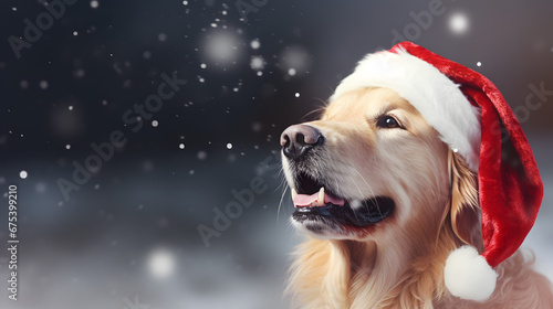 Golden dog wearing red Santa Claus hat outside in the falling snow. Christmas and seasons greetings
