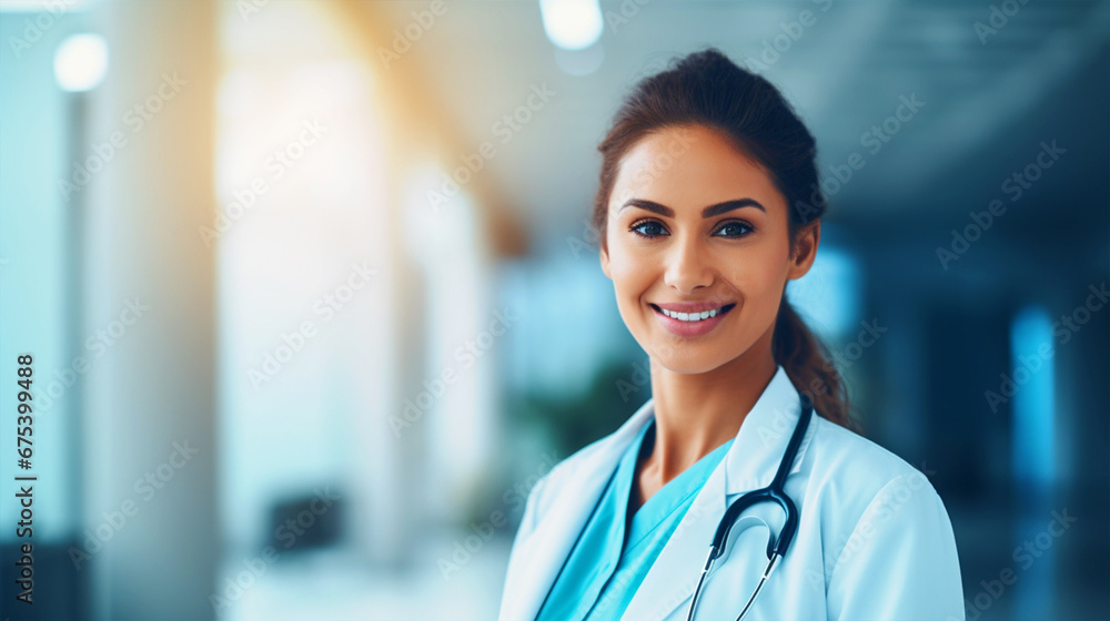 Smiling doctor standing in hospital background - ai generative Smiling doctor standing in hospital background - ai generative
