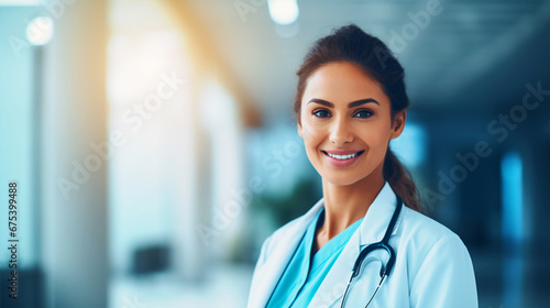 Smiling doctor standing in hospital background - ai generative photo