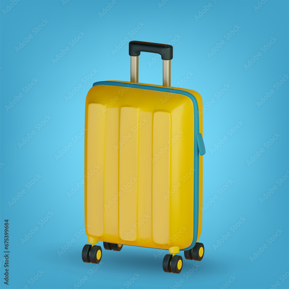 3d yellow suitcase, luggage. Realistic baggage on blue background. Vector illustration. 3d yellow suitcase, luggage. Realistic baggage on blue background. Vector illustration.