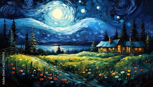 Gwiaździsta noc nad małym wiejskim domkiem.  © Bear Boy 
