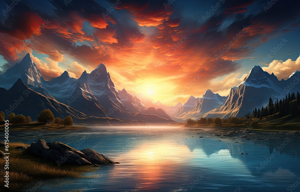 Spokojne jezioro w górach o zachodzie słońca.  - obrazy, fototapety, plakaty 