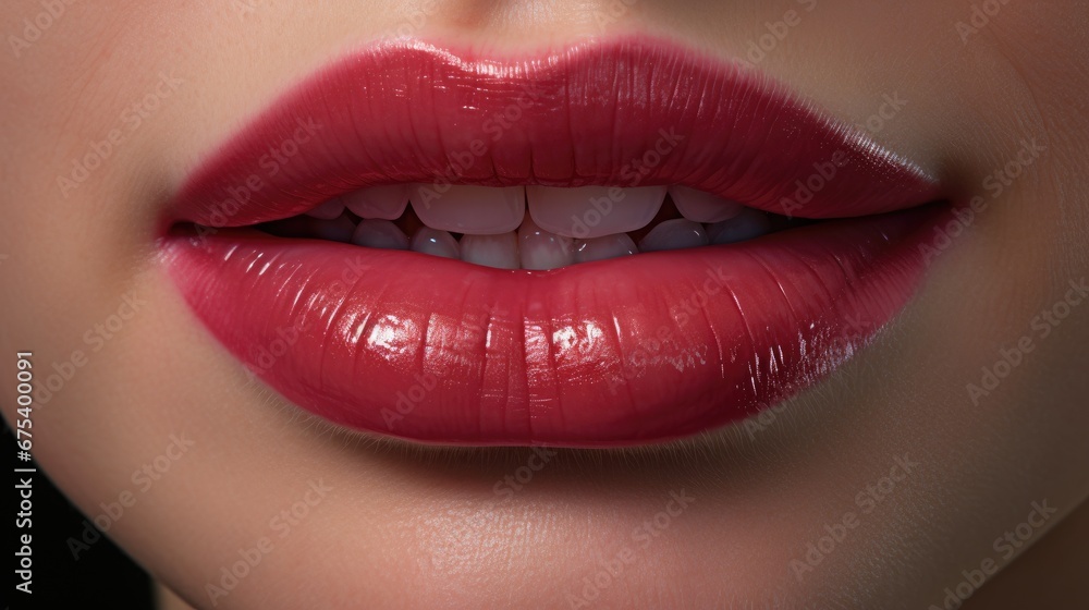 Fototapeta premium World Day of Smiles. Female seductive lips painted with red lipstick smiling.