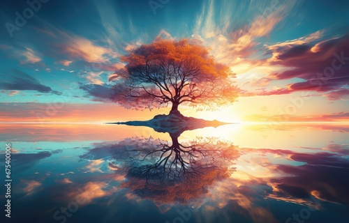 Słońce wyłaniające się zza samotnego drzewa nad wodą. 
