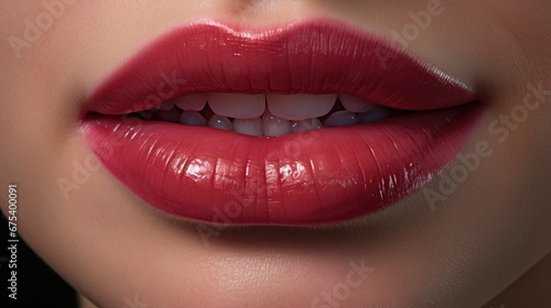 World Day of Smiles. Female seductive lips painted with red lipstick smiling.