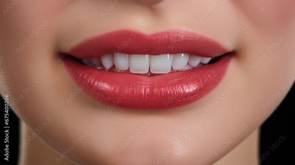 World Day of Smiles. Female seductive lips painted with red lipstick smiling. World Day of Smiles. Female seductive lips painted with red lipstick smiling.