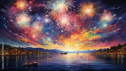 the grandeur of majestic, multilayered fireworks painting the night sky with a multitude of colors and shapes, creating a breathtaking panorama of celebration and wonder.