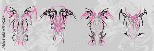 Neo tribal tattoo set, gothic cyber body ornament shapes kit, vector Celtic abstract Hawaiian sign. Maori sleeve symbol y2k Polynesian metal abstract symmetry swirl wing. Neo tribal silhouette clipart
