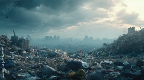 Polluted city with plastic waste. Environment pollution concept. Nature catastrophe. Garbage dump mountains. Urban background. Recycling toxic trash. Drone view global, warming. Messy stinky junkyard. photo