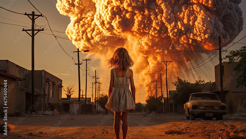 Mała dziewczynka oglądająca wybuch wojenny z wielkimi kłębami dymu.  - obrazy, fototapety, plakaty 