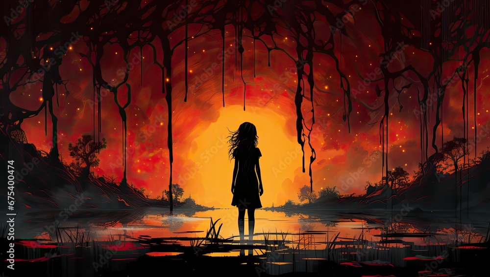 Mała dziewczynka oglądająca ognisto czerwone nocne niebo.  - obrazy, fototapety, plakaty 