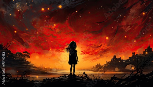 Mała dziewczynka oglądająca ognisto czerwone nocne niebo.  photo