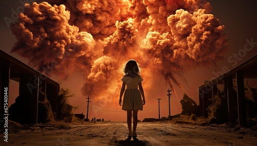 Mała dziewczynka oglądająca wybuch wojenny z wielkimi kłębami dymu. 