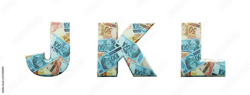 Brazil money alphabet. Letters J, K, L, formed with bills of 20, 50 and 100 reais. Font in 3d render isolated on white background, with clipping saved.