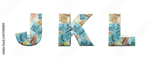 Brazil money alphabet. Letters J  K  L  formed with bills of 20  50 and 100 reais. Font in 3d render isolated on white background  with clipping saved.