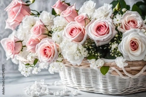 Beautiful rose and white flower composition in white basket  selective focus