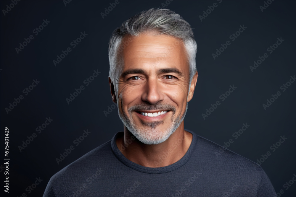 Adult man with smooth healthy face skin. Handsome aging mature man with gray hair and happy smiling touch face.