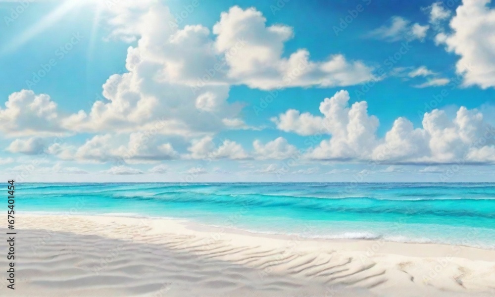 A Beautiful Sandy Beach with Pristine White Sand, Caressed by Calm Turquoise Waves under the Sun's Warm Embrace, All Set Against a Backdrop of White Clouds in a Blue Sky – A Perfect Panoramic Landscap