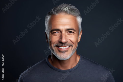 Adult man with smooth healthy face skin. Handsome aging mature man with gray hair and happy smiling touch face. photo