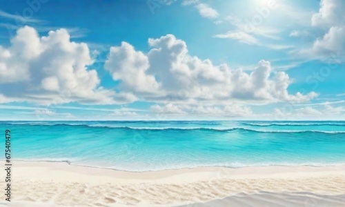 A Beautiful Sandy Beach with Pristine White Sand, Caressed by Calm Turquoise Waves under the Sun's Warm Embrace, All Set Against a Backdrop of White Clouds in a Blue Sky – A Perfect Panoramic Landscap