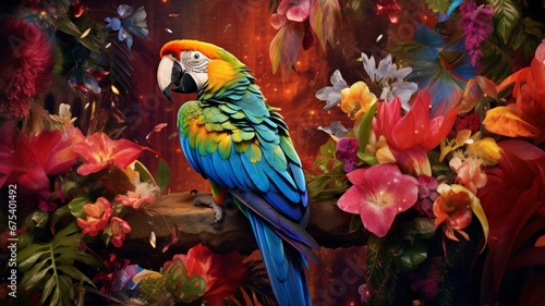 the spirit of New Year with a cheerful parrot, its feathers adorned with vibrant decorations, perched on a branch amidst colorful flowers, adding a tropical touch to the celebration.