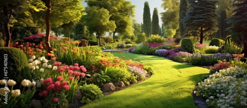 The beautiful summer landscape was adorned with vibrant and lush green grass colorful flowers and plants creating a picturesque garden that perfectly blended with the nature and environment