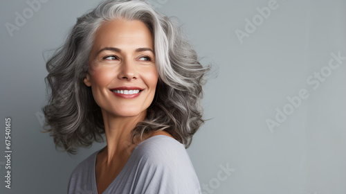 A woman with smooth healthy face skin. Beautiful aging mature woman with gray hair and happy smiling touch face © Hng