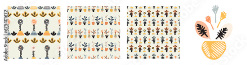 Set of midcentury modern floral vector endless vector pattern. Organic summer gender neutral 70s matisse wallpaper collection.