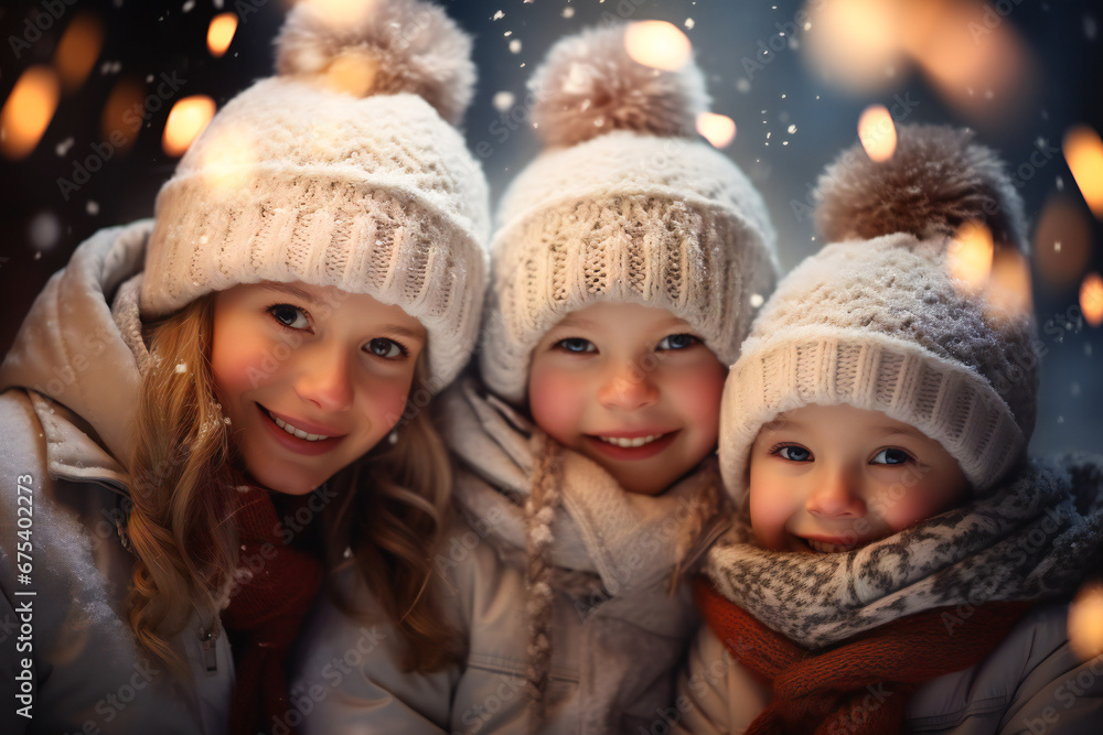 Fototapeta premium Three smiling little girls in winter
