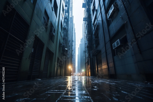 Narrow dark alley between skyscrappers in a big city after rain