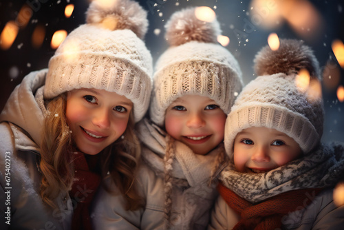 Three smiling little girls in winter