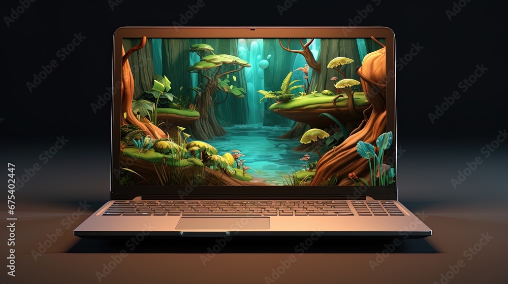 Laptop with 3D wallpaper, background technology, ai generative Laptop with 3D wallpaper, background technology, ai generative