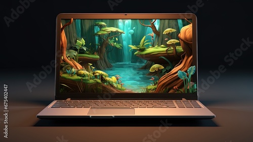 Laptop with 3D wallpaper  background technology  ai generative