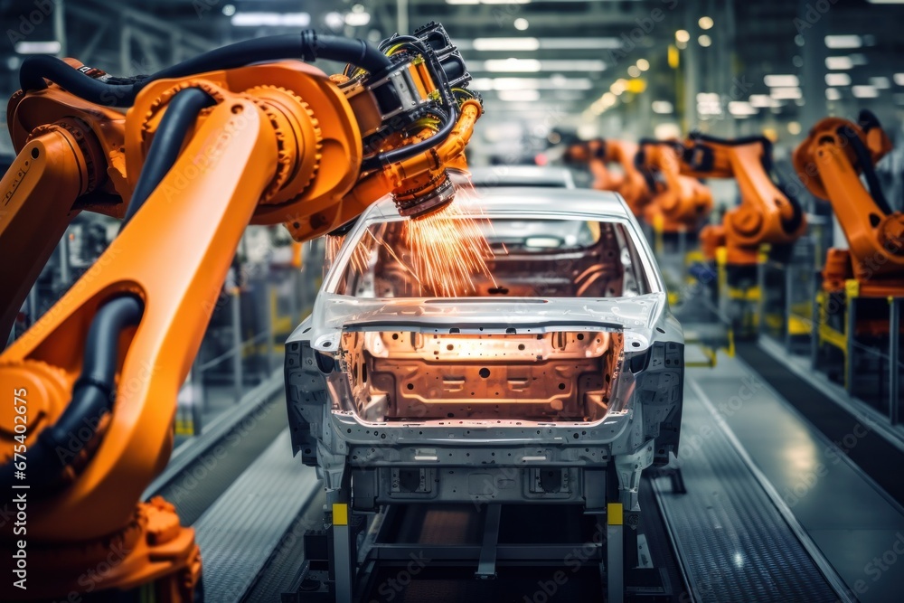 Automobile factory: Automated robot arm production line for high electric vehicle production, building automation in construction. Automobile factory: Automated robot arm production line for high electric vehicle production, building automation in construction.