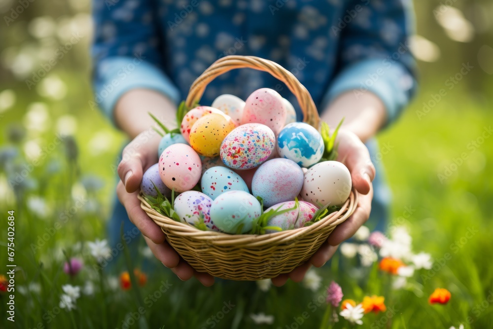 Divertidos huevos de pascua en una cesta para celebrar la pascua. Divertidos huevos de pascua en una cesta para celebrar la pascua.