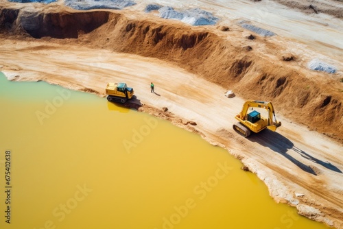 Industry, top view, colored excavator loading sand into truck on gravel quarry. © ORG